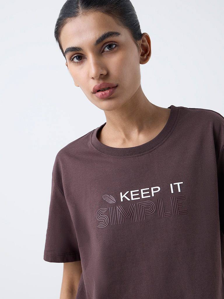 Studiofit Dark Brown Text Printed Cotton-Blend T-Shirt