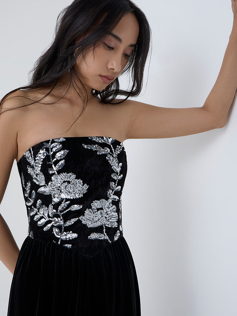 LOV Black Sequin Embellished Velvet Tube Dress