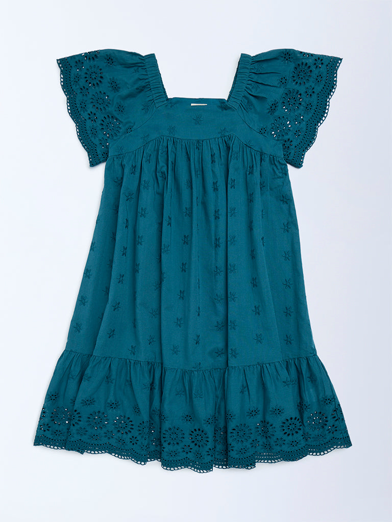 Utsa Kids Girls Teal Schiffli Drop-Waist Cotton Dress (8-14 yrs)