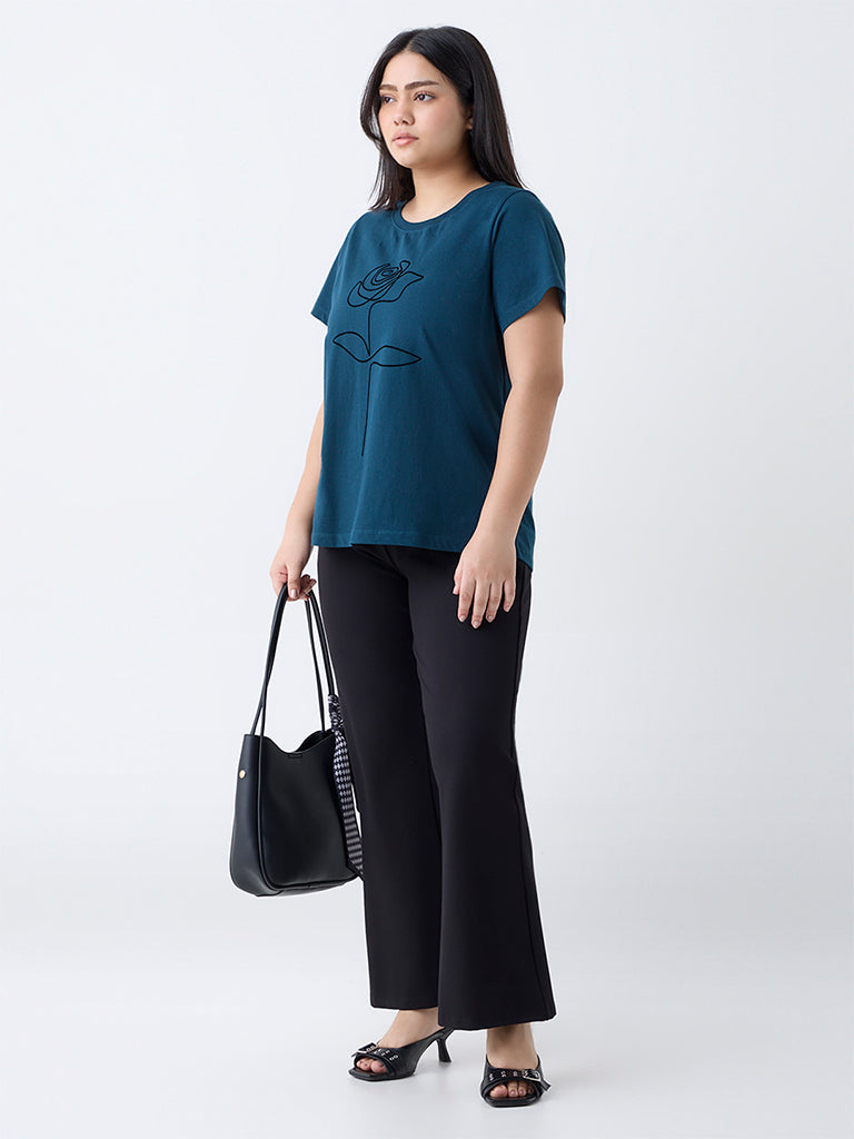 Gia Teal Floral Printed Cotton T-Shirt