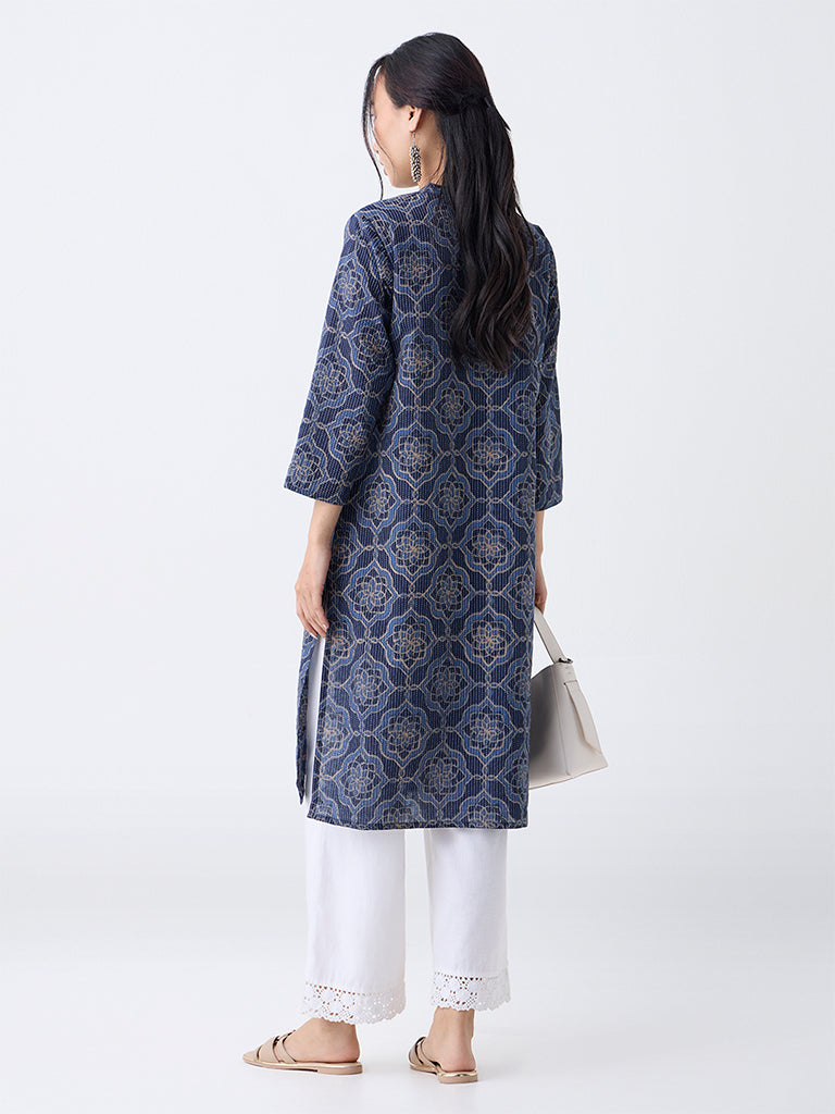 Utsa Indigo Geometric Pattern Cotton-Blend Straight Kurta