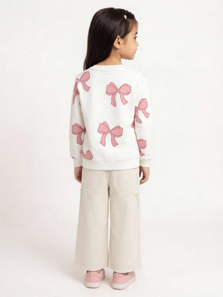 HOP Kids Girls Off-White Bow Design Cotton-Blend Sweatshirt