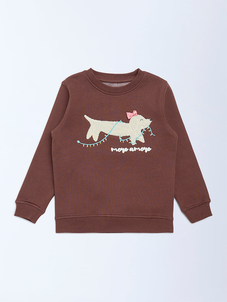 HOP Kids Girls Brown Animal-Detail Cotton-Blend Sweatshirt