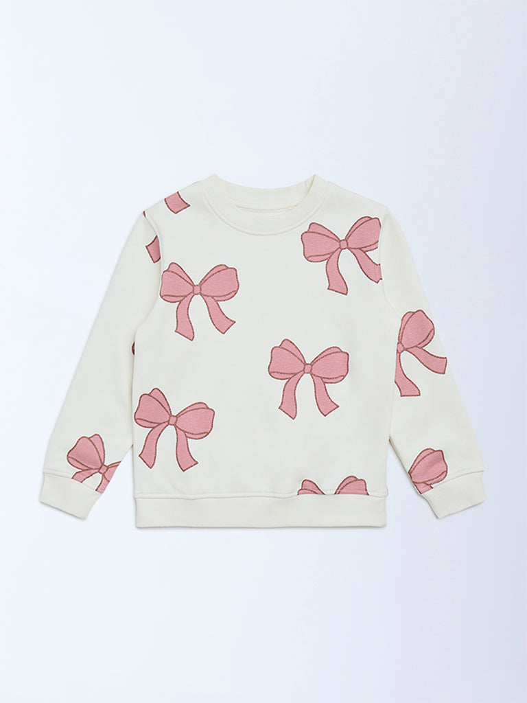 HOP Kids Girls Off-White Bow Design Cotton-Blend Sweatshirt
