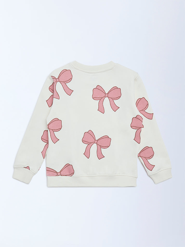 HOP Kids Girls Off-White Bow Design Cotton-Blend Sweatshirt