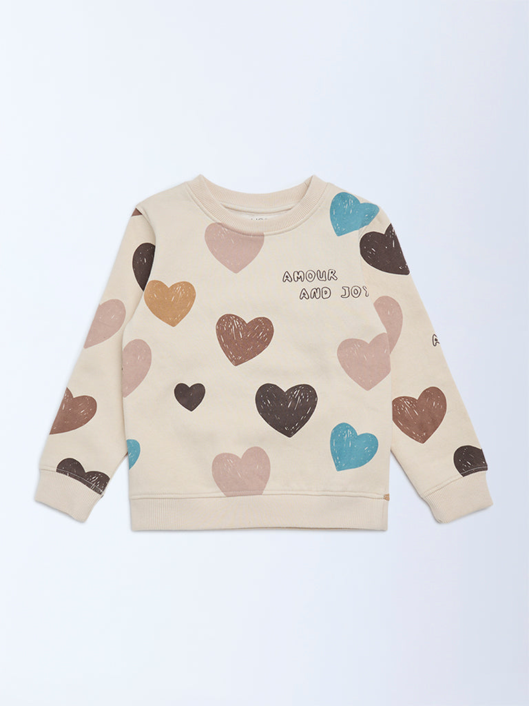 HOP Kids Girls Beige Heart Printed Cotton-Blend Sweatshirt