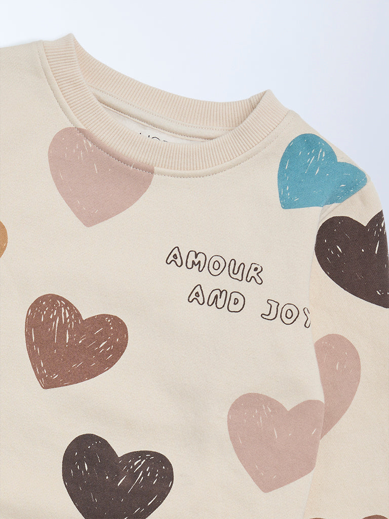 HOP Kids Girls Beige Heart Printed Cotton-Blend Sweatshirt