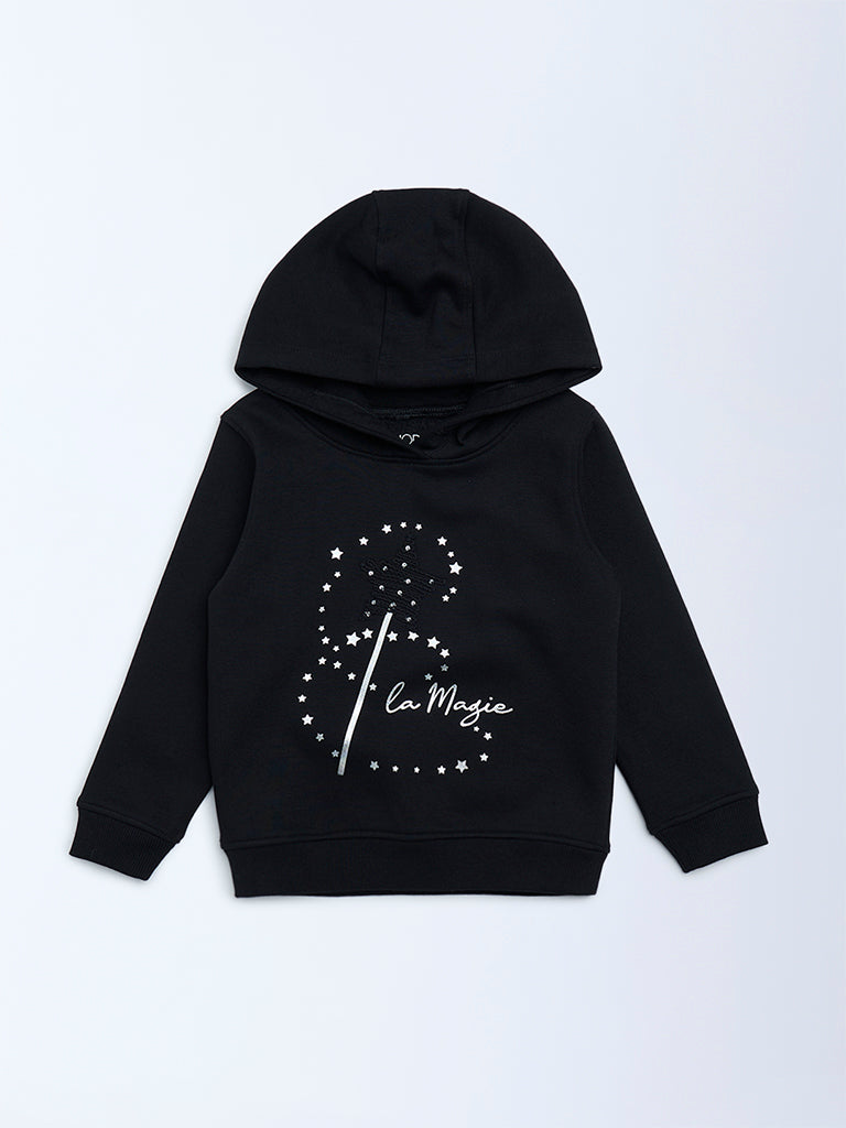 HOP Kids Girls Black Printed Cotton-Blend Hoodie