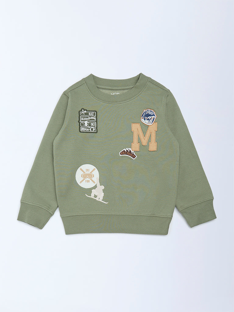 HOP Kids Boys Olive Printed Cotton-Blend Sweatshirt