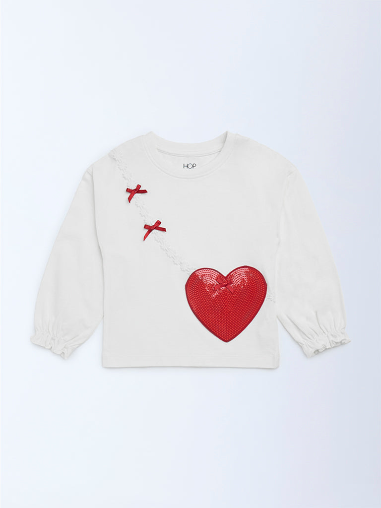 HOP Kids Girls Off-White Heart Embellished Cotton Top