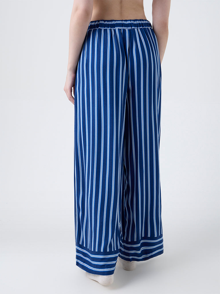 Wunderlove Dark Blue Striped High-Rise Cotton Blend Pants