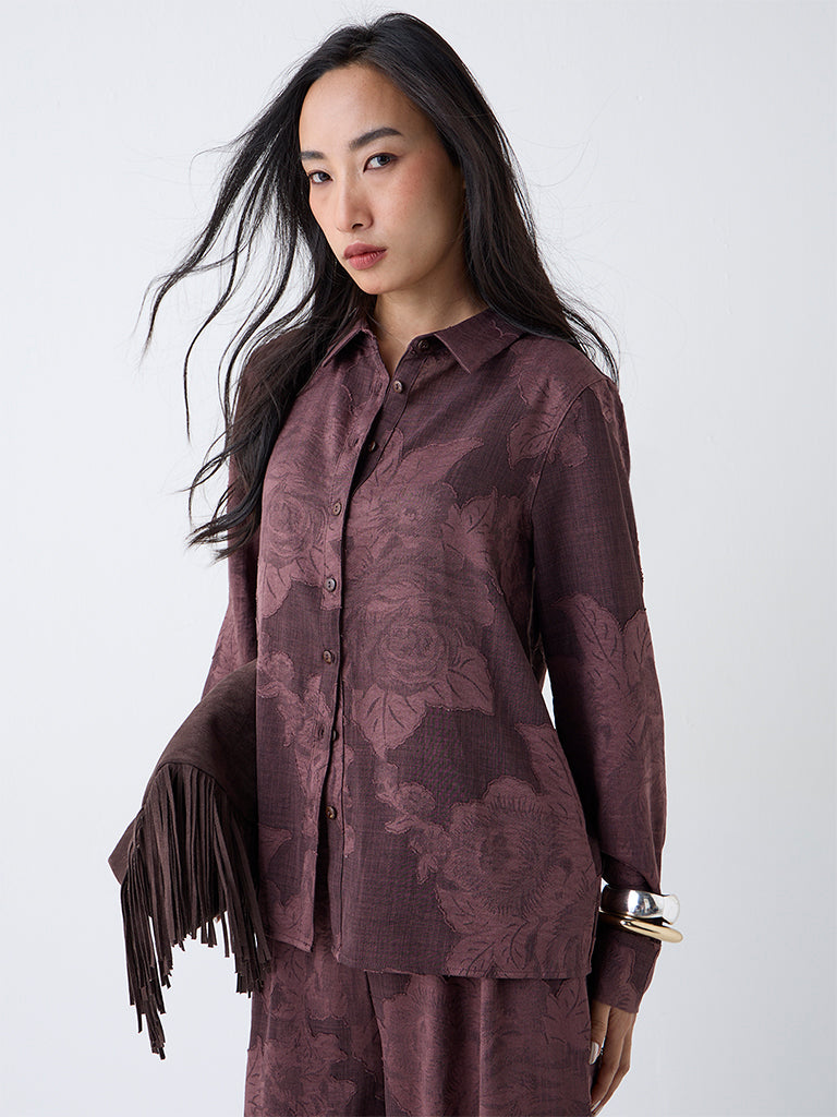 LOV Dark Brown Floral Pattern Shirt