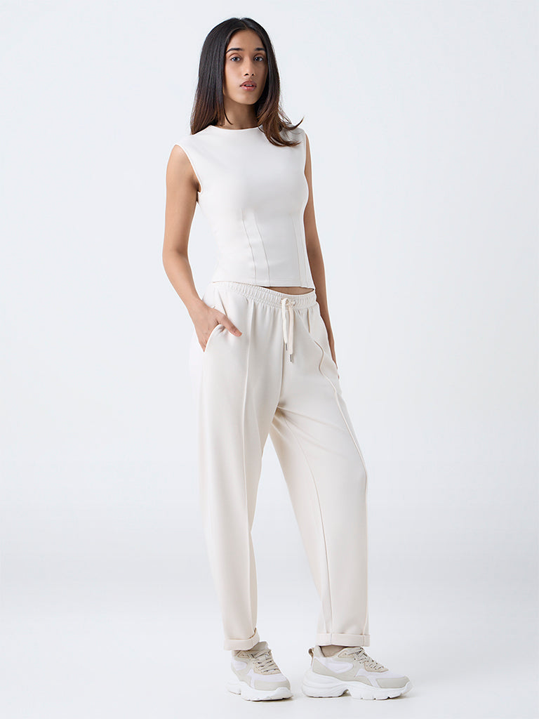 LOV Cream Solid High-Rise Cotton-Blend Track Pants