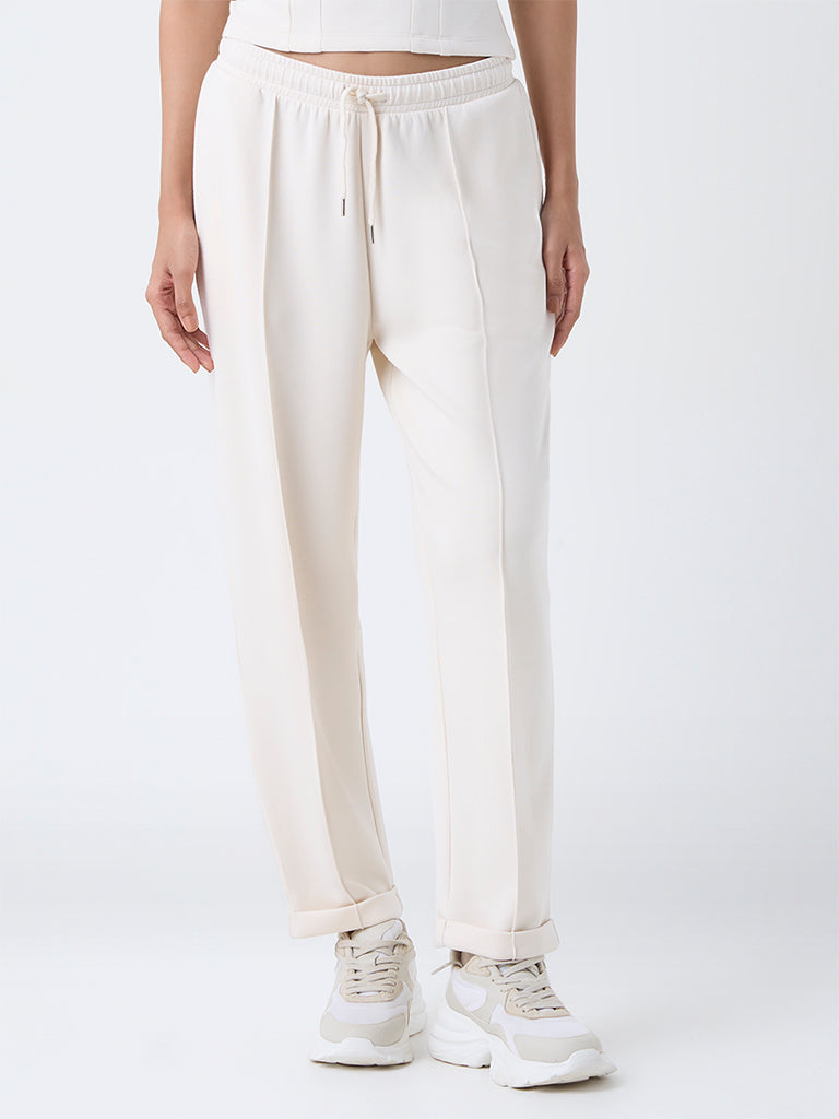 LOV Cream Solid High-Rise Cotton-Blend Track Pants