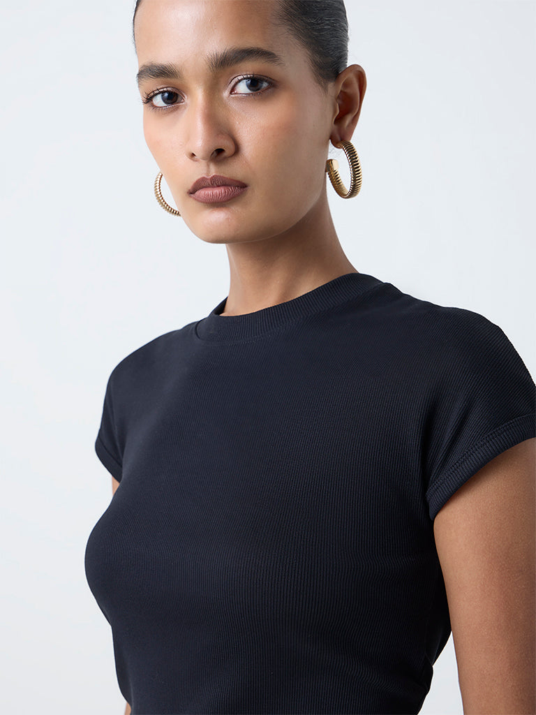 Wardrobe Black Ribbed-Textured Cotton-Blend Top