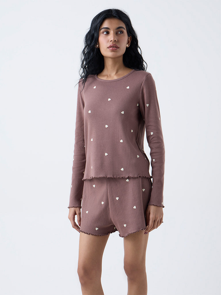 Superstar Brown Heart-Printed Cotton-Blend Top