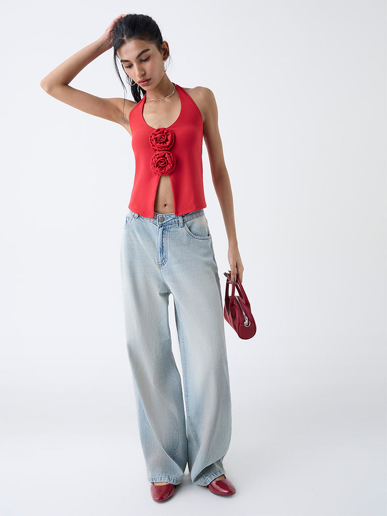 Nuon Red Rosette-Detailed Halter-Neck Top