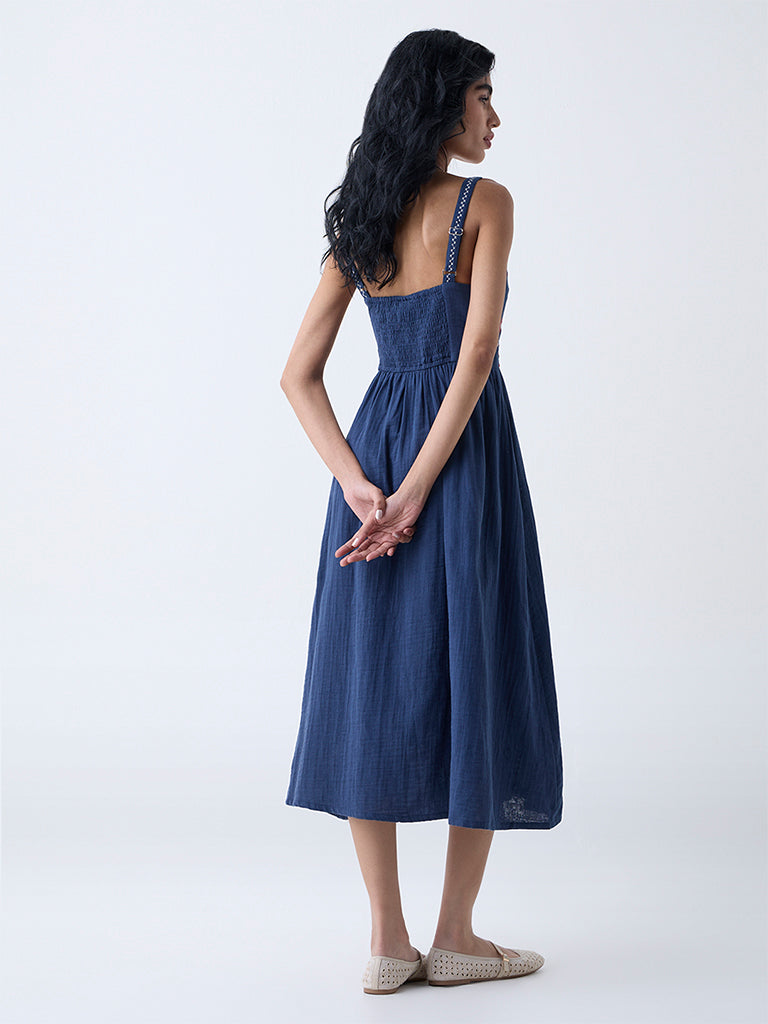 Bombay Paisley Dark Blue Embroidered Cotton A-Line Dress