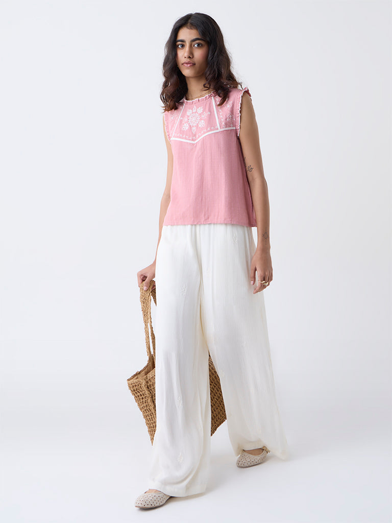 Bombay Paisley Pink Embroidered Cotton-Blend Top