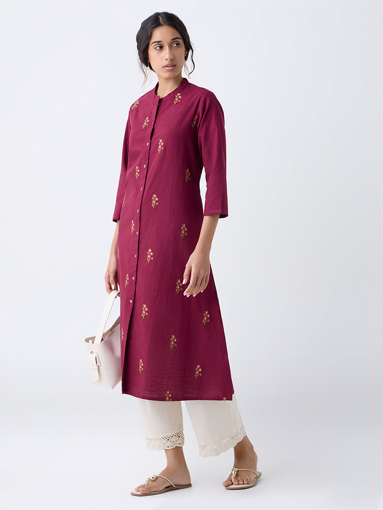 Utsa Maroon Floral Embroidered A-Line Cotton Kurta