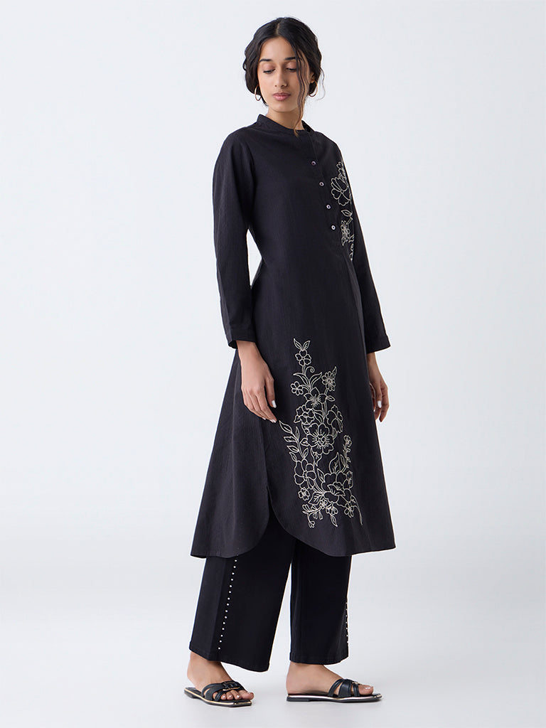 Utsa Black Floral Embroidered A-Line Kurta
