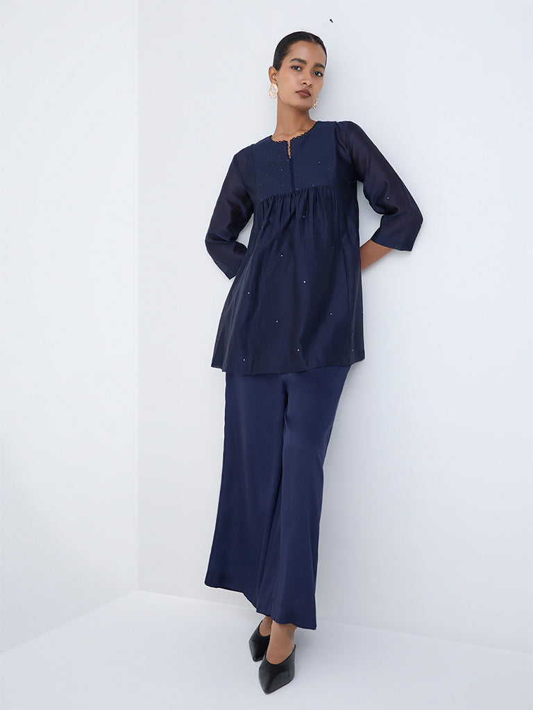 Zuba Indigo Mirror Embroidered Cotton-Blend Tunic with Inner