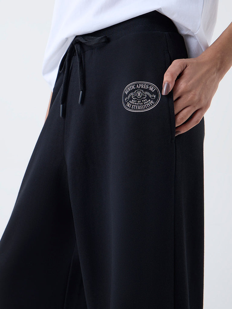 Studiofit Black Printed High-Rise Cotton Track Pants