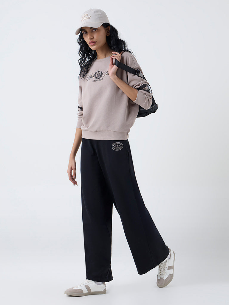 Studiofit Taupe Text Pattern Cotton-Blend Sweatshirt