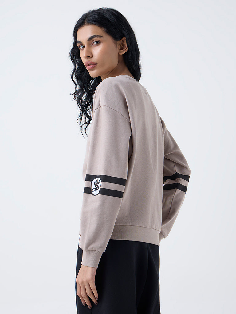 Studiofit Taupe Text Pattern Cotton-Blend Sweatshirt
