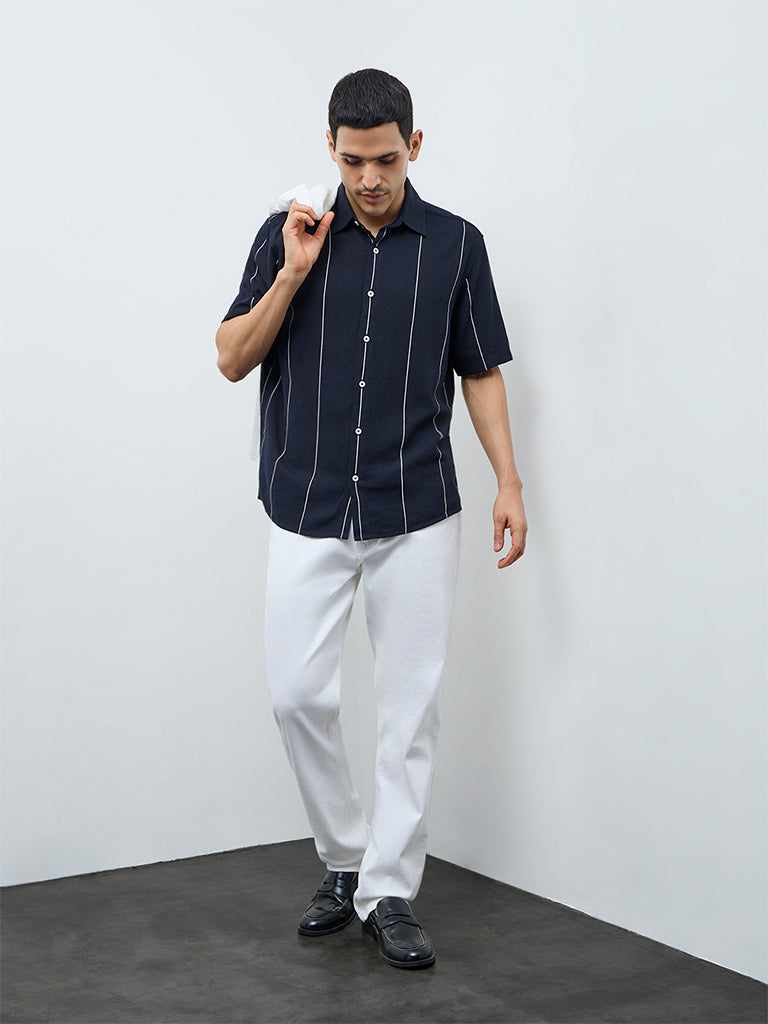 Ascot Navy Stripe Printed Relaxed-Fit Shirt