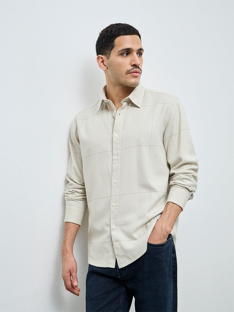Ascot Light Taupe Checkered Relaxed-Fit Cotton Shirt