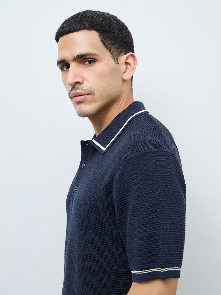 Ascot Navy Knit-Textured Relaxed-Fit Cotton-Blend Polo T-Shirt