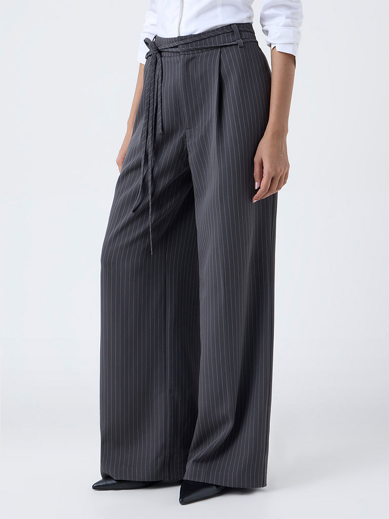 Wardrobe Grey Pinstriped High-Rise Trousers