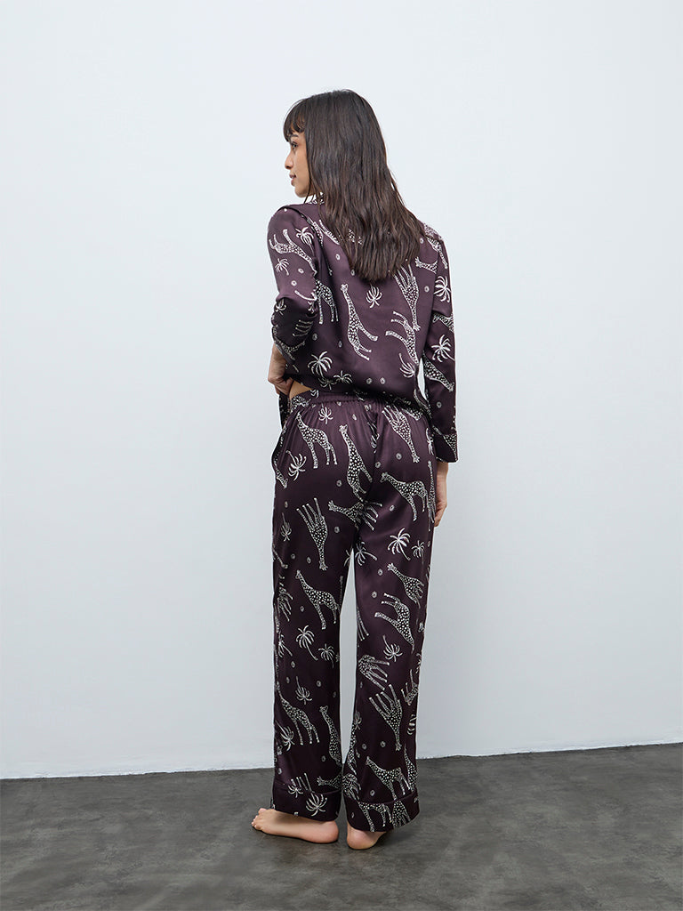 Wunderlove Dark Brown Animal Printed Shirt and Pyjama Set