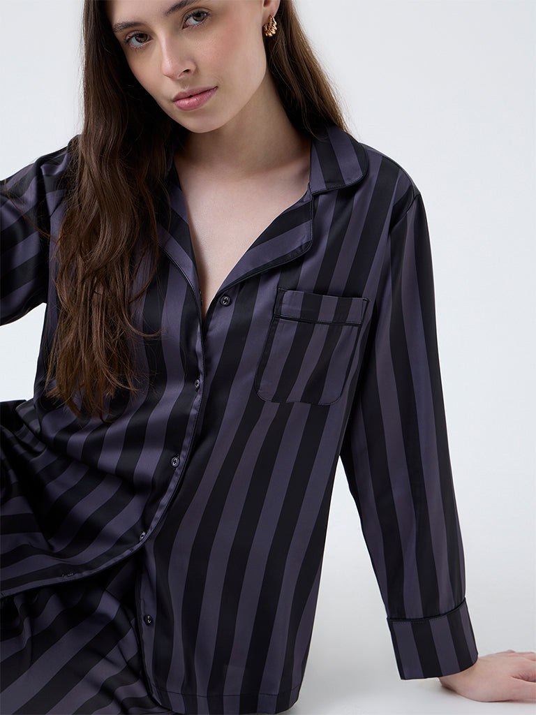 Wunderlove Dark Grey Striped Satin Shirt and Pyjamas Set