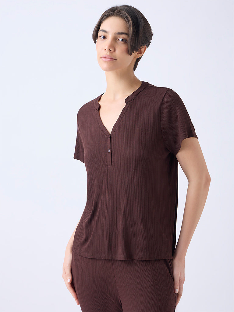 Wunderlove Dark Brown Ribbed-Textured Henley Top