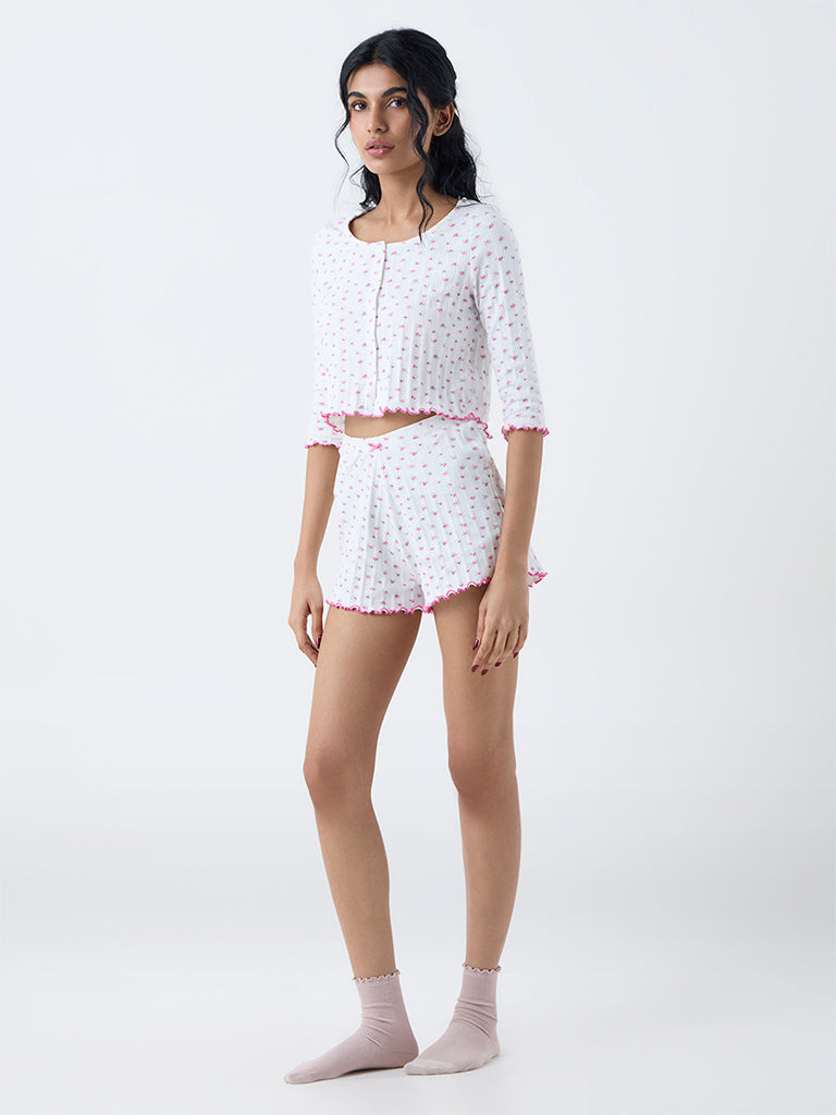 Superstar White Floral Printed High-Rise Shorts