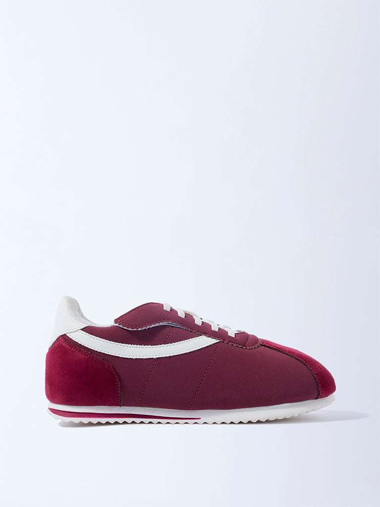 Yellow Maroon Stripe-Detail Lace-Up Sneakers