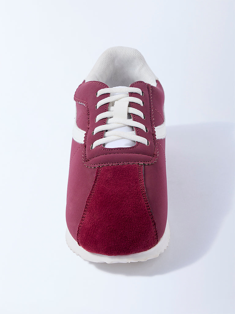 Yellow Maroon Stripe-Detail Lace-Up Sneakers