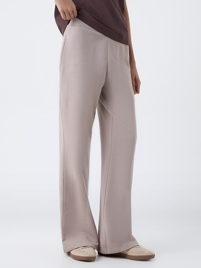 Studiofit Taupe Solid High-Rise Cotton Pants