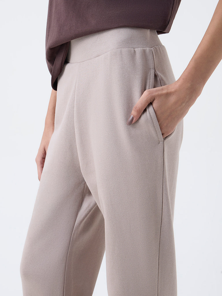 Studiofit Taupe Solid High-Rise Cotton Pants