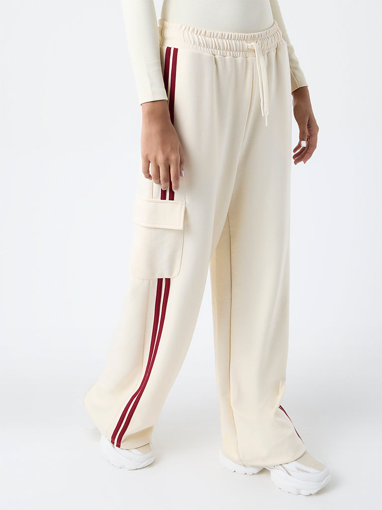 Studiofit Cream Stripe Detailed High-Rise Track Pants