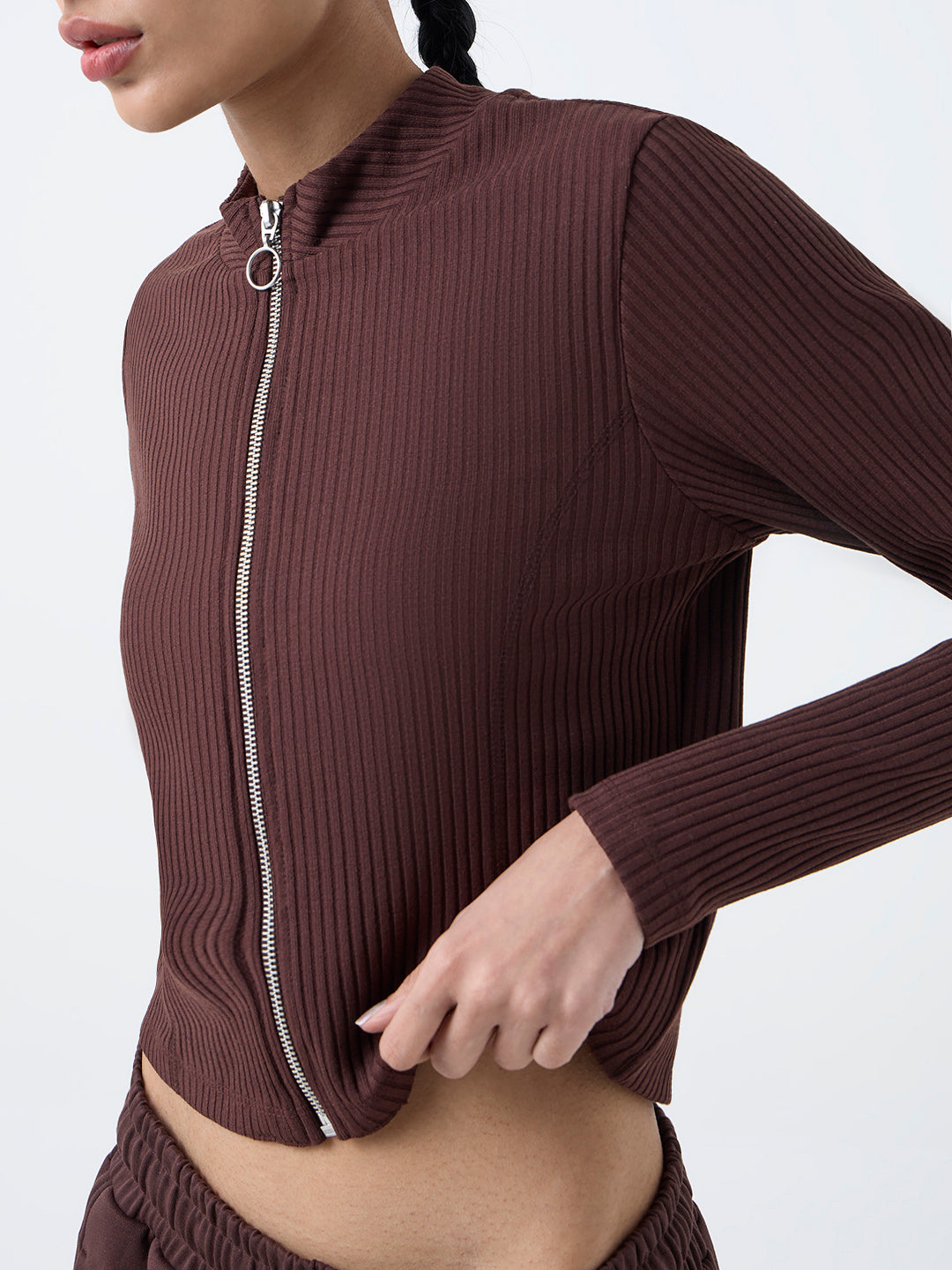 Studiofit Dark Brown Ribbed-Textured Jacket