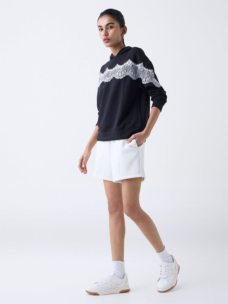 Studiofit Black Lace Detailed Hoodie