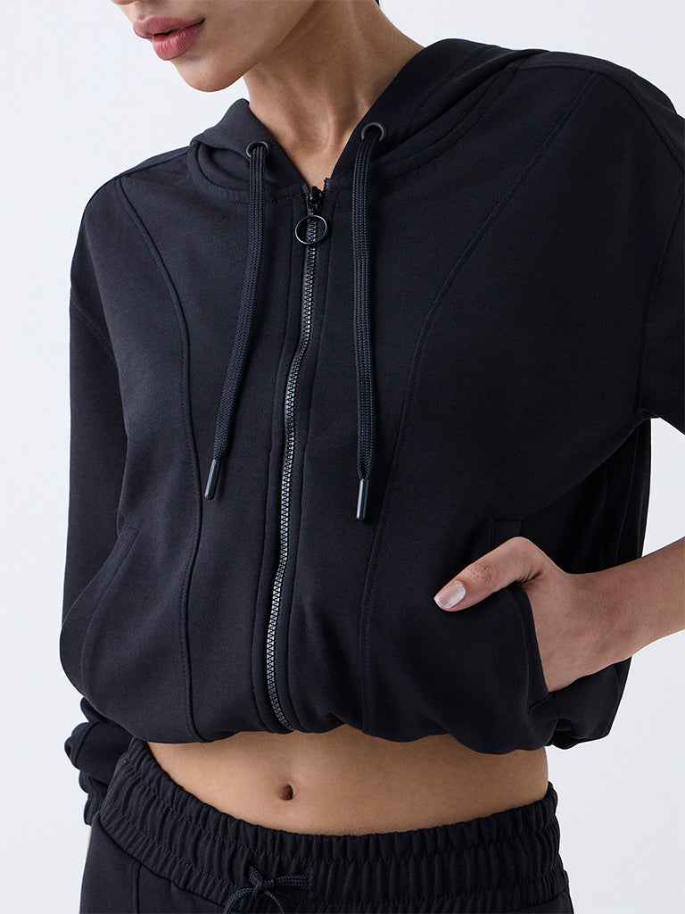Studiofit Black Solid Hooded Jacket