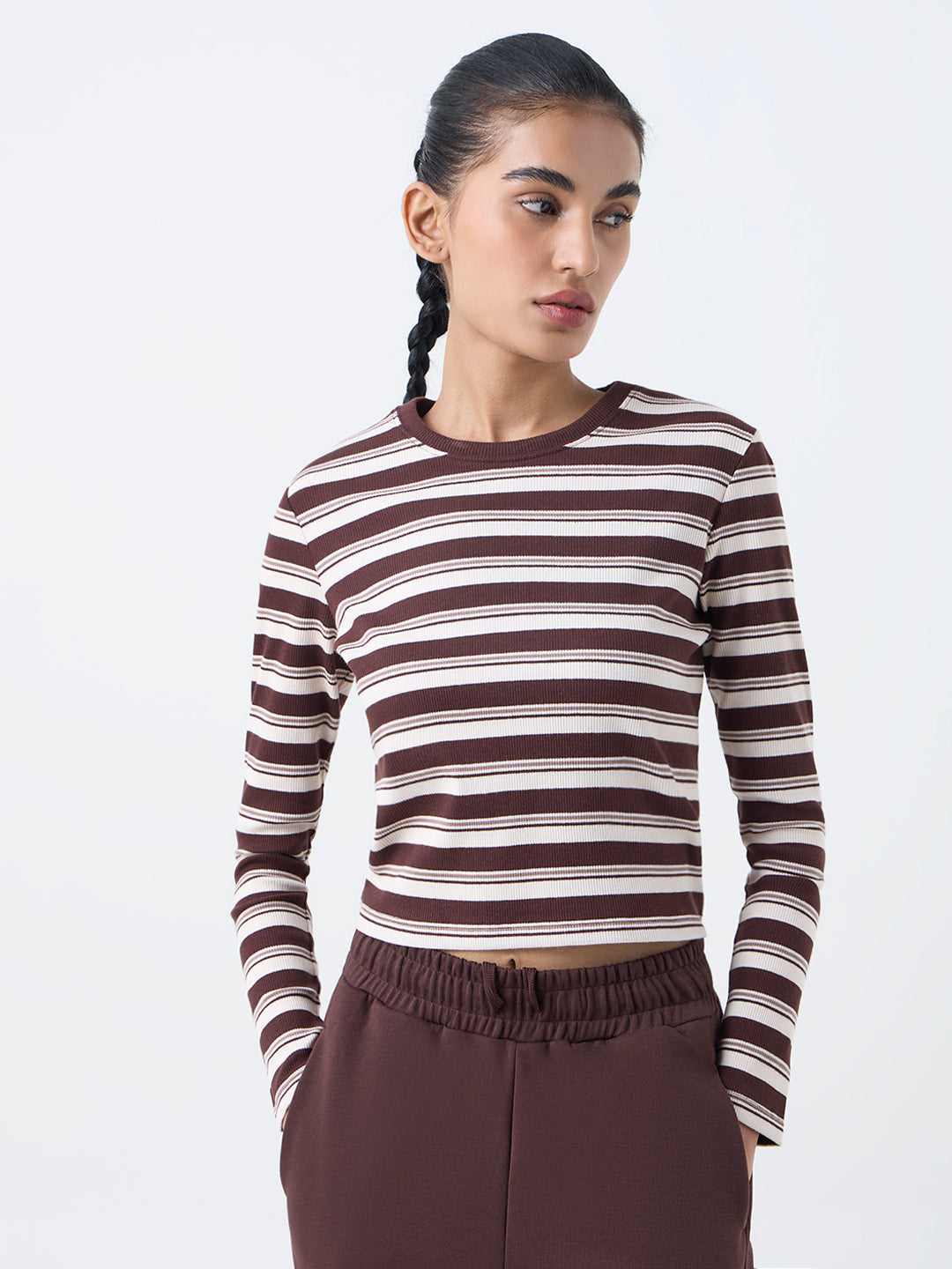 Studiofit Dark Brown Striped Cotton-Blend T-Shirt