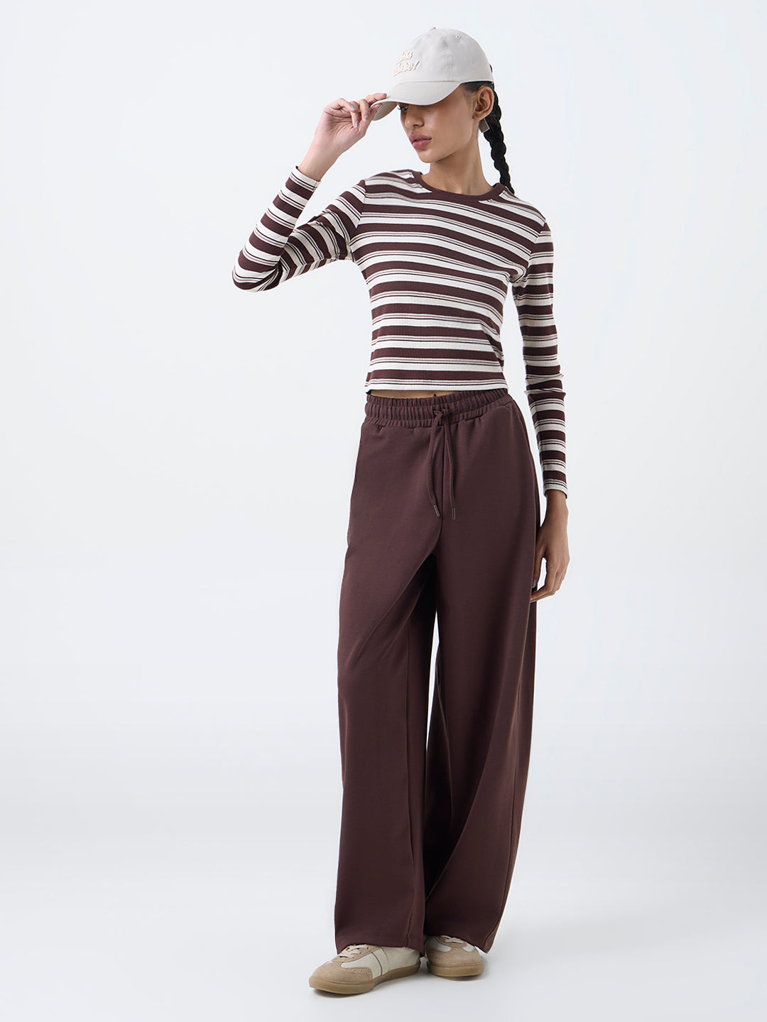 Studiofit Dark Brown Striped Cotton-Blend T-Shirt
