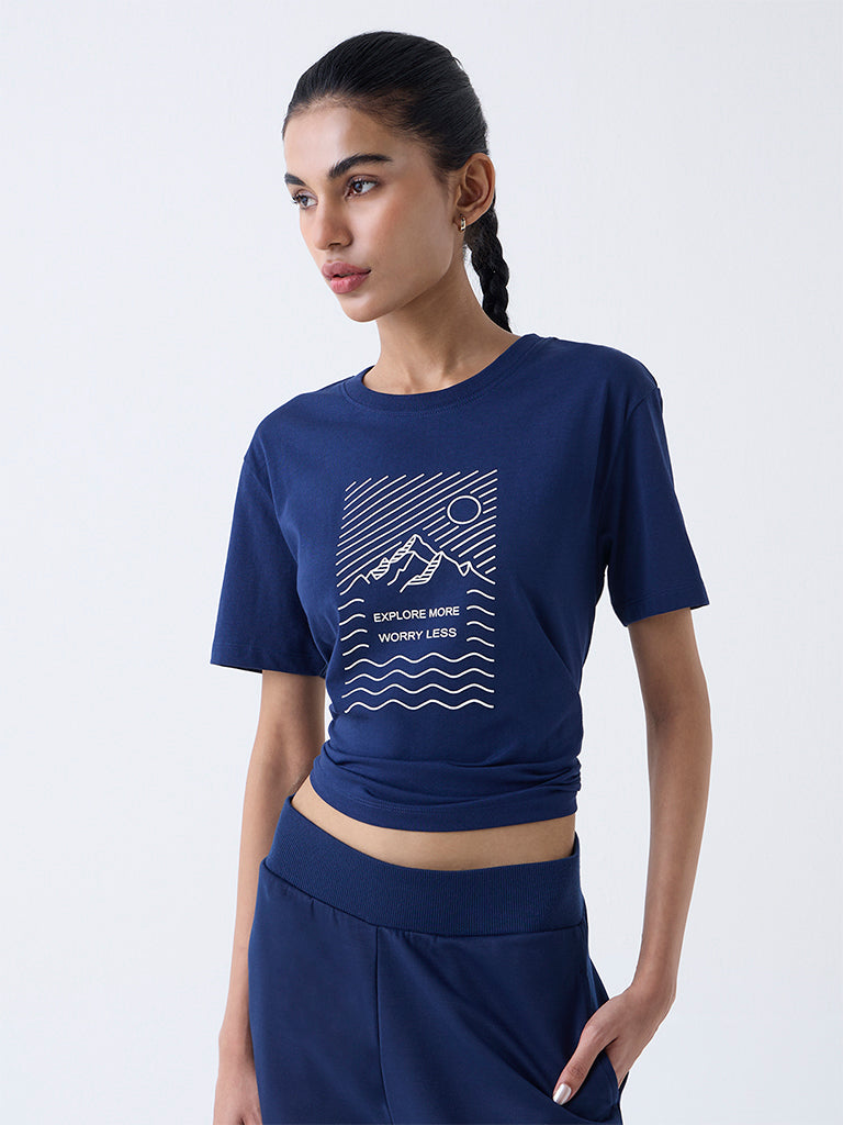 Studiofit Navy Graphic Printed Cotton T-Shirt