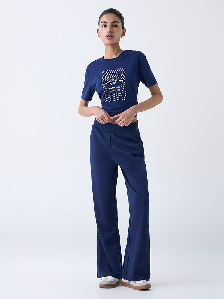 Studiofit Navy Graphic Printed Cotton T-Shirt