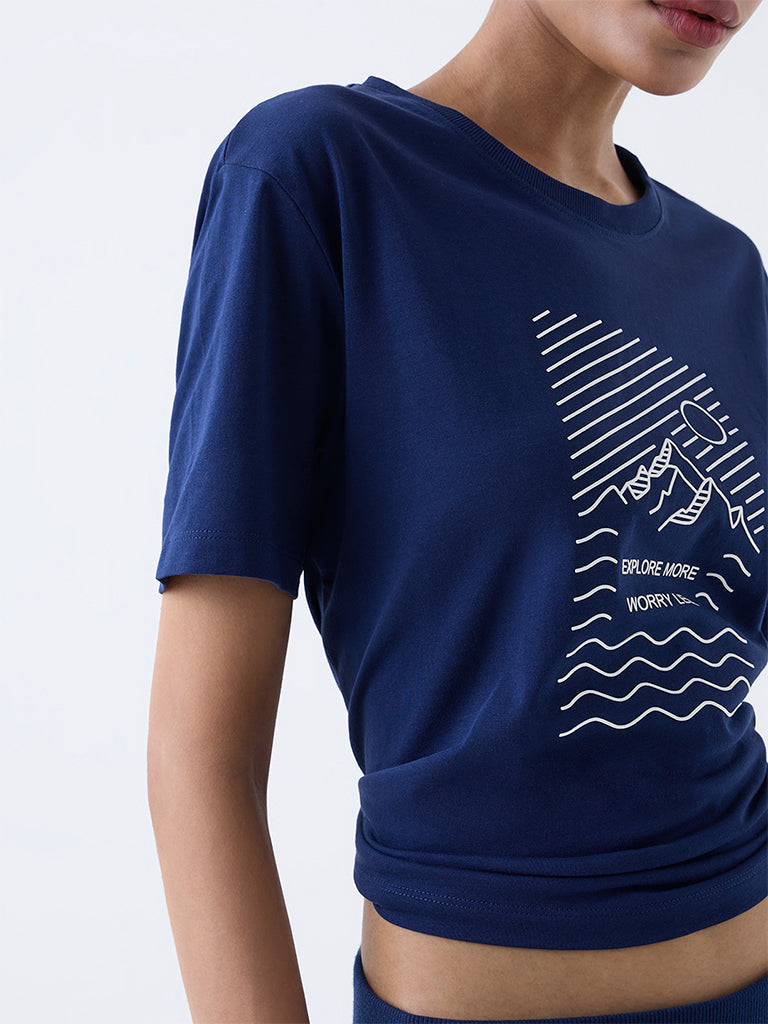 Studiofit Navy Graphic Printed Cotton T-Shirt